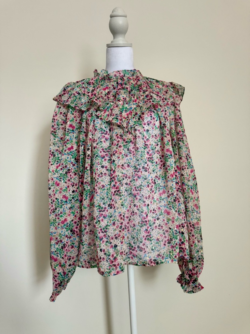 Boden Pink Multi Floral Ruffled High-Neck Blouse size 14 US women’s